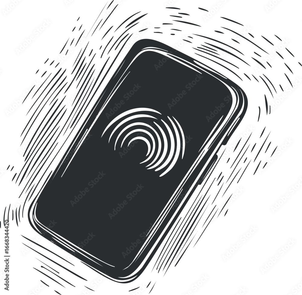 Poster Black and white illustration of a smartphone with a fingerprint icon on the screen representing biometric security and authentication technology