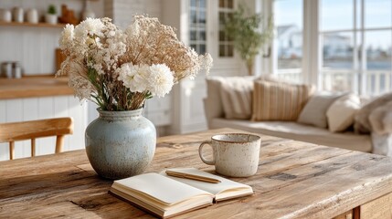 Open Notebook with Affirmations on Rustic Wooden Table with Flowers and Mug