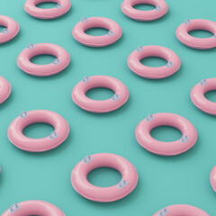 Seamless pattern of pink Inflatable swim rings on turquoise background in pastel colors