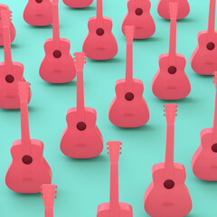 Seamless pattern of red acoustic guitars on light blue background in pastel colors