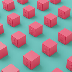 Seamless pattern of pink safes on turquoise background in pastel colors