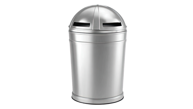 Silver cylindrical trash can with domed lid