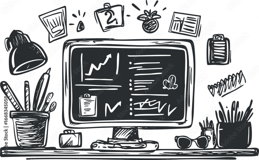Poster black and white sketch of a computer monitor showing charts and notes on a cluttered office desk wit