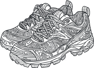 Detailed black and white illustration of a pair of patterned sneakers with laces on white background