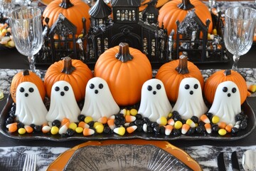 Obraz premium Halloween Table Setting with Pumpkins, Ghost Candies, and Haunted House Decor