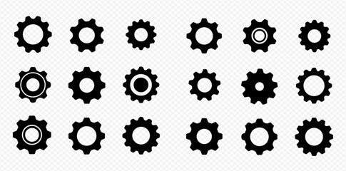 Collection of eighteen simple black gear icons, various designs.