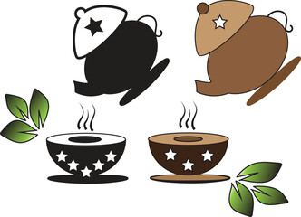 Stylized Tea Set Illustration with Leaves and Star Accents in Color and Black and White