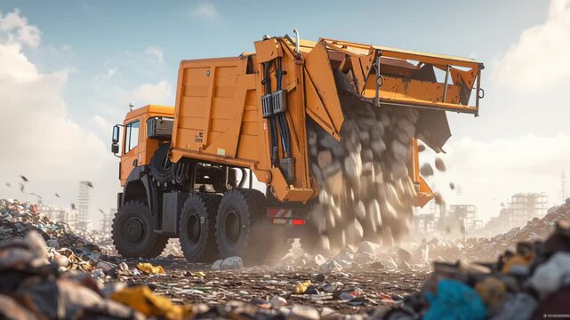 Garbage truck unloading waste and trash at landfill site with open rear gate, industrial vehicle surrounded by debris and scattered trash under cloudy sky with distant buildings and birds flying - Powered by Adobe