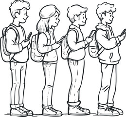Four teenagers standing in line using smartphones with backpacks, casual clothing, and interacting digitally.