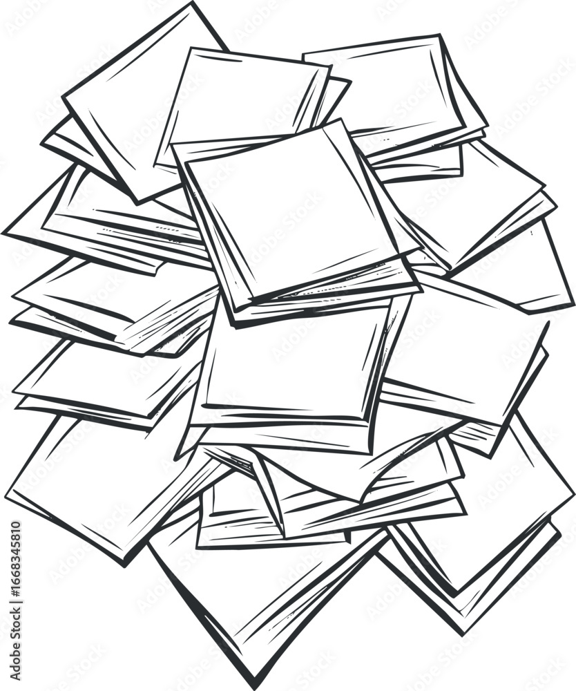 Poster Black and white sketch of a large messy stack of blank papers and documents piled together