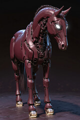 Burgundy robot horse with beautiful eyes and roller-skate hooves, futuristic and imaginative mechanical animal concept