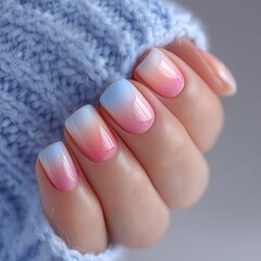 Pastel Ombre Nails on Woman's Hand Against Knitted Fabric