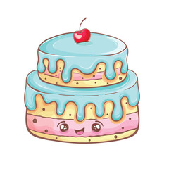 Birthday cake with cherry illustration. Cartoon dessert vector