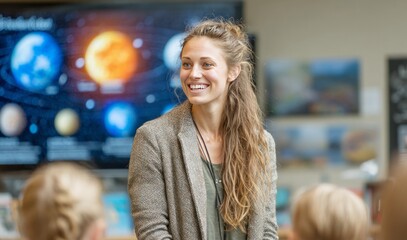 Teacher smiling at students during astronomy lesson in classroom