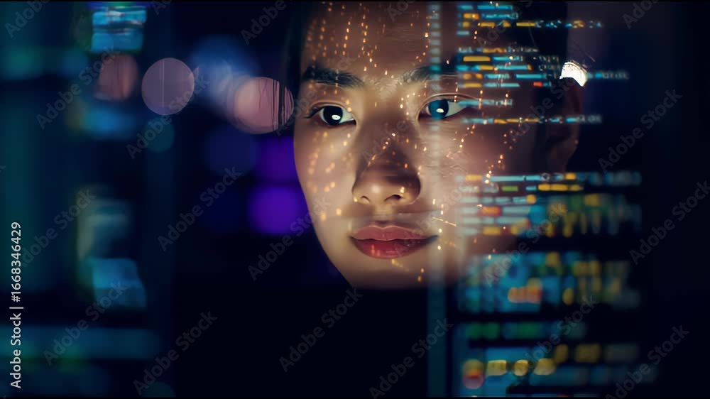 Aufkleber digital frontier: a thoughtful asian professional is immersed in the complex world of coding, illumi