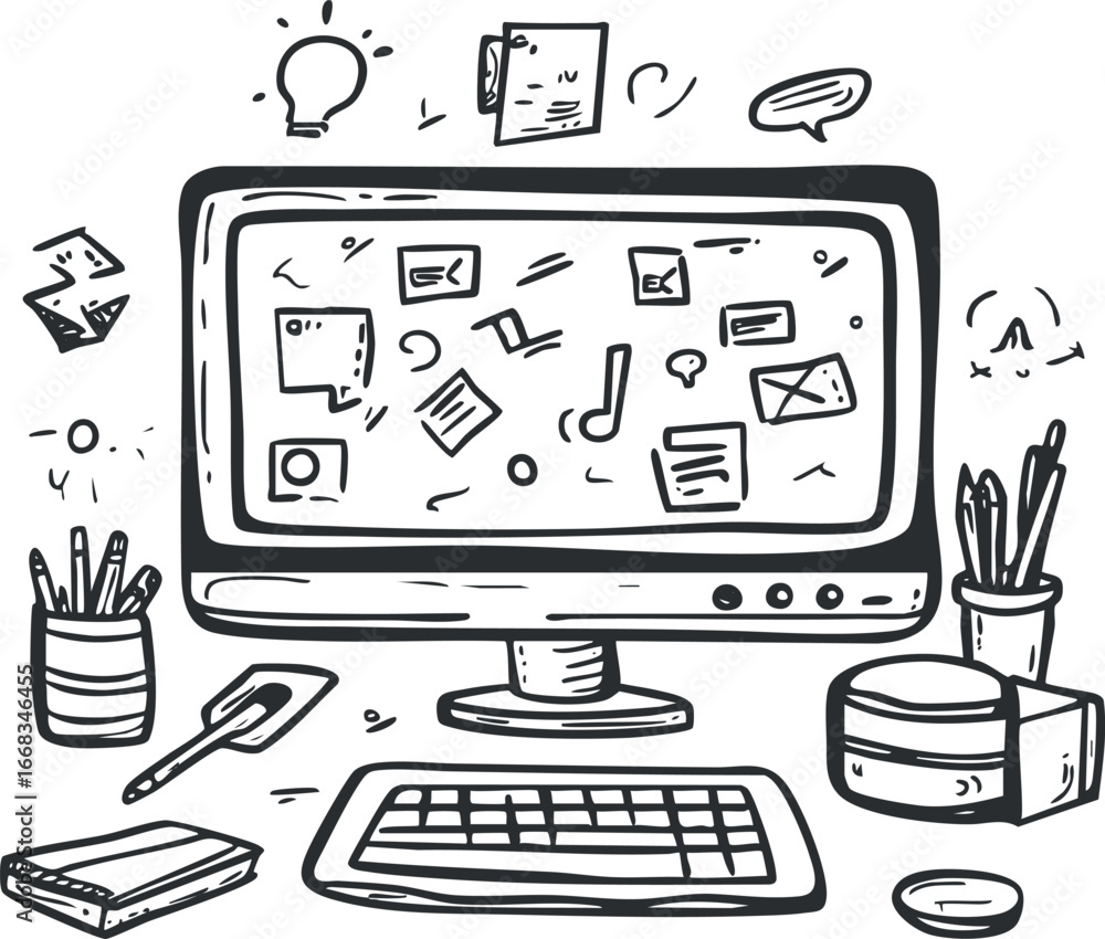 Poster hand-drawn illustration of a desktop computer setup on an office desk with keyboard, monitor showing