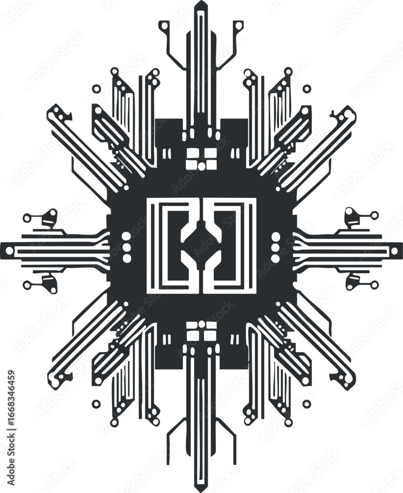 Poster black and white stylized illustration of a microchip circuit board with symmetrical lines and connec