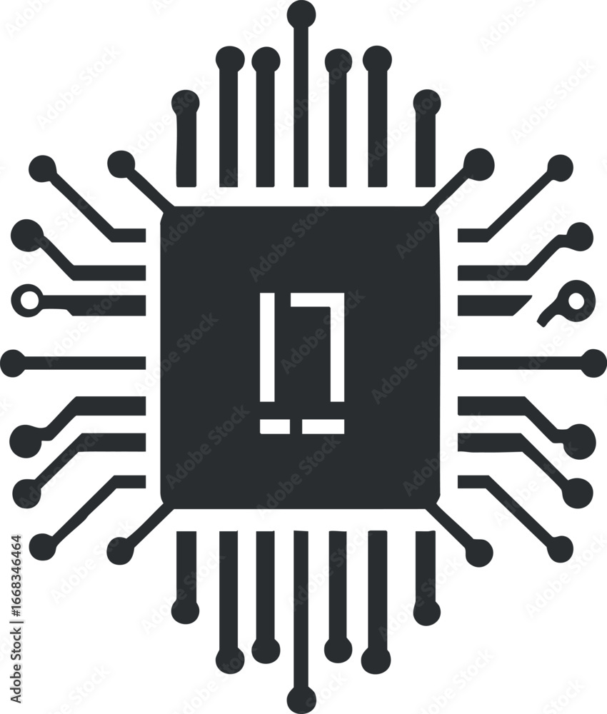 Poster Black microchip icon representing electronic processor with circuit lines on white background