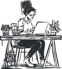 Fototapeta premium Young woman working on laptop at desk with plants in modern home office environment