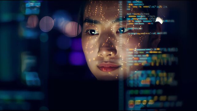 Digital Frontier: A thoughtful Asian professional is immersed in the complex world of coding, illuminated by glowing digital data, exploring cutting-edge technology. 