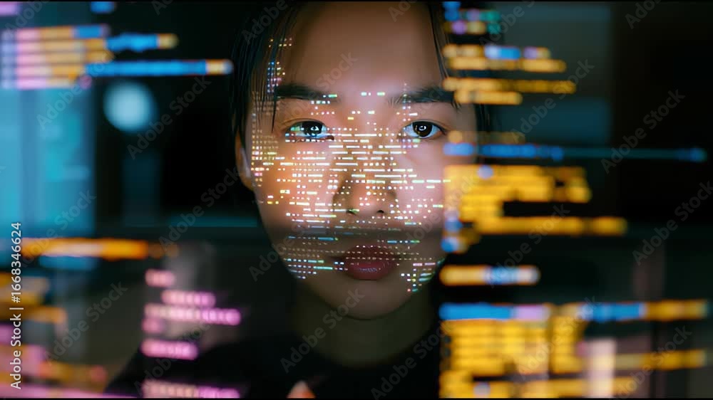 Poster digital identity and technology: a close-up portrait of a person, their face overlaid with a dynamic