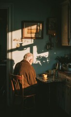 Elderly man enjoying a quiet moment with tea in his vintage kitchen