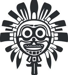 Black and white tribal mask design with stylized facial features and feather-like ornaments