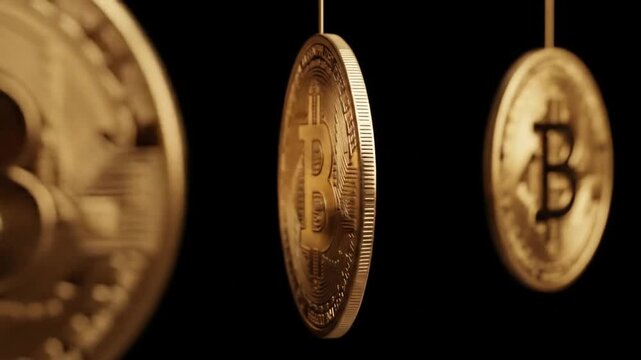 Bitcoin coins hanging in the air cryptocurrency concept digital money.