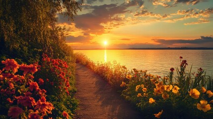 scenic sunset view along a waterfront pathway with flowers