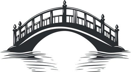 Obraz premium Black and white illustration of an arched bridge with railings over water reflecting below