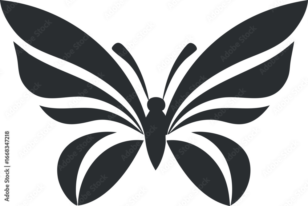 Poster black silhouette of a butterfly with stylized wing patterns and abstract design elements
