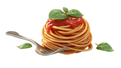 A forkful of spaghetti with tomato sauce and basil