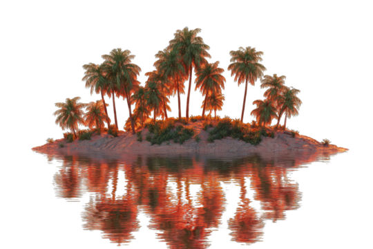 Tropical island reflected in still water at sunset