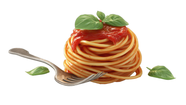 A forkful of spaghetti with tomato sauce and basil