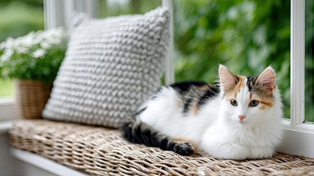 Calico Kitten Basking in Soft Morning Sunlight on Window Seat