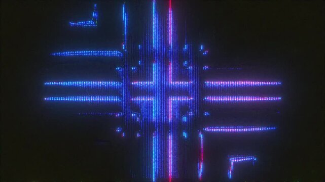 4K Neon blue and pink symmetrical glitch loop with CRT flicker and analog artifacts for cyberpunk motion graphics, glitchcore UI textures, dystopian interface overlays