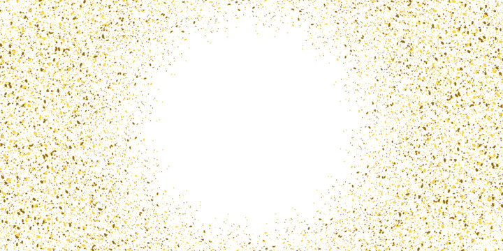 Golden glittering dust particles on white background. Shining falling lights of golden dust. Abstract luxury golden confetti border.	