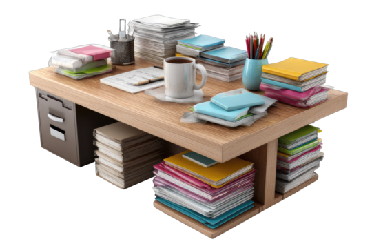 A cluttered office desk overflowing with papers and books - Powered by Adobe