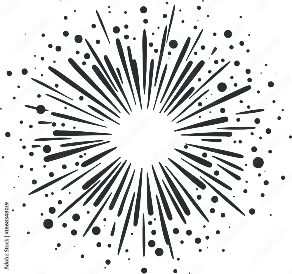 Poster black starburst explosion graphic with radiating rays and scattered dots in circular pattern