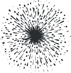 Black ink splatter burst with radial dots and streaks on white background for abstract design