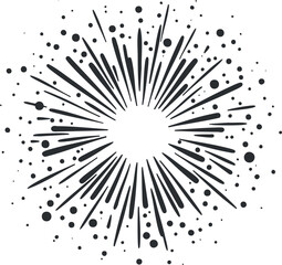 Black starburst explosion graphic with radiating rays and scattered dots in circular pattern