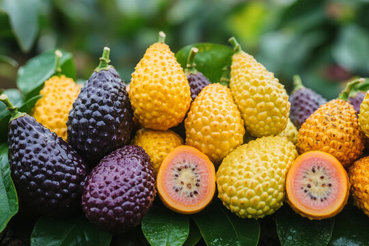 Exotic bacuri fruits arranged on leaves with vibrant colors closeup fresh tropical produce concept food photography nutrition and organic lifestyle