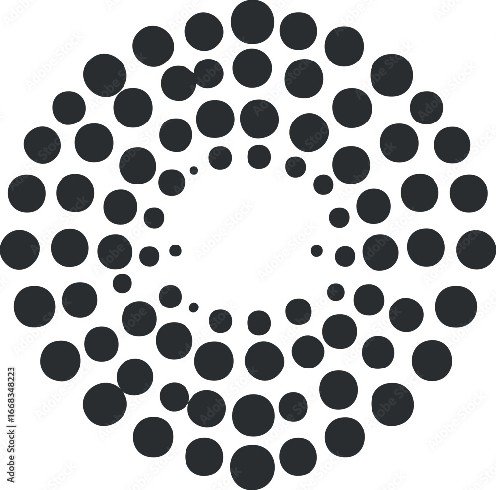 Poster abstract circular pattern with black dots arranged concentrically on white background