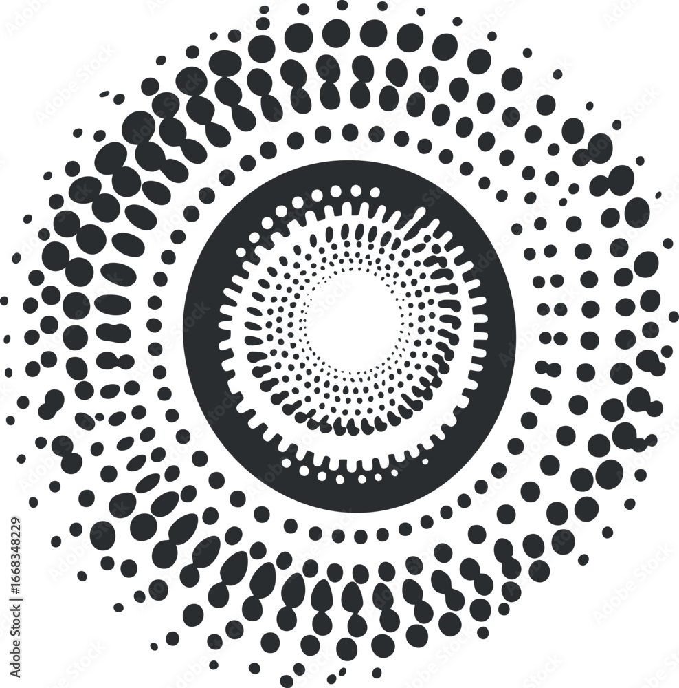 Poster abstract black and white circular spiral pattern made of dots creating a hypnotic radial design