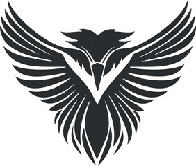 Obraz premium Black silhouette of a stylized eagle with spread wings in a symmetrical vector design