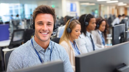Call Center Employee with Headset and Colleagues.