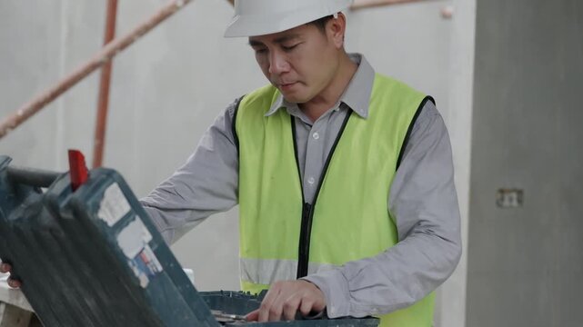 Construction concept of 4k resolution. Engineer picking up tools in box at construction site.