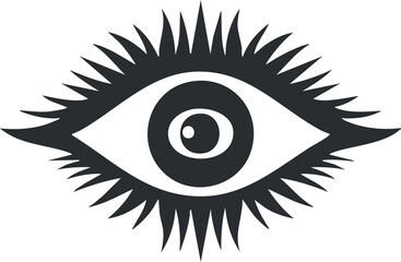 Black and white graphic illustration of an eye with sharp lashes and detailed pupil symbolizing vision and focus
