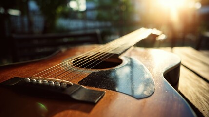 Acoustic Guitar on Wooden Table in Sunlight