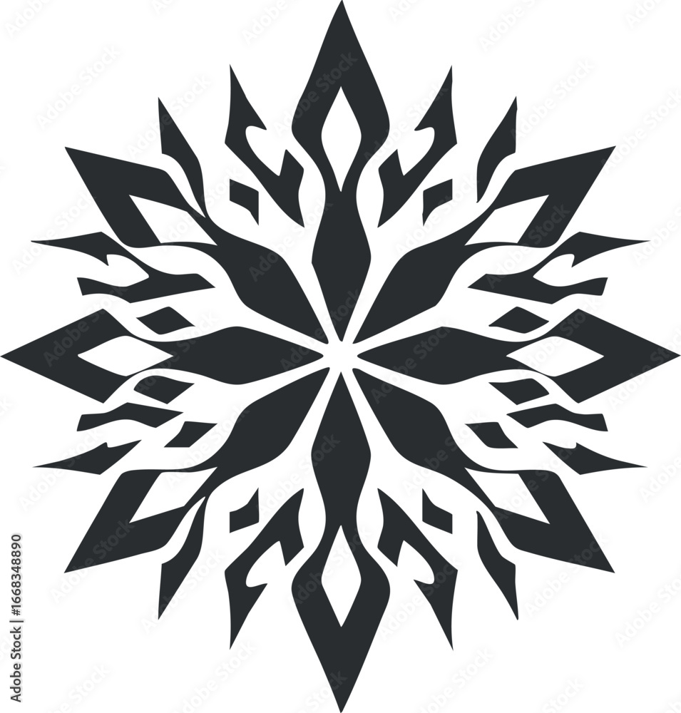Poster black stylized snowflake illustration with symmetrical geometric patterns representing winter and co